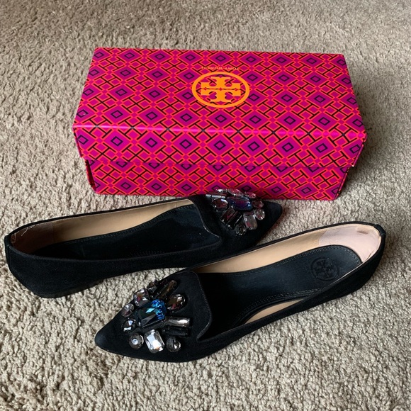 Tory Burch black suede flats with jeweled detailing - Picture 1 of 3